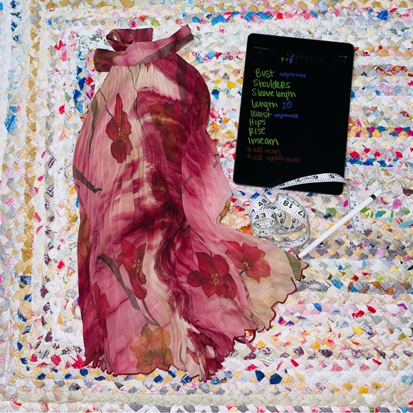 Agaci Too Red Floral Pleated Tie Neck and Back, Backless Halter, OS - Picture 2 of 7